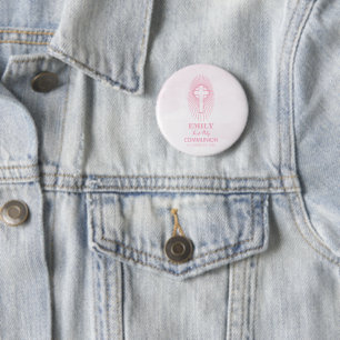 Chapa Redonda De 5 Cm Personaliza, Cruz de Primera Comunión rosa Hostia