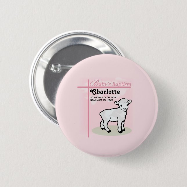 Chapa Redonda De 5 Cm Personalizable, Bautizo, Rosa, Niña, Cordero (Anverso y reverso)