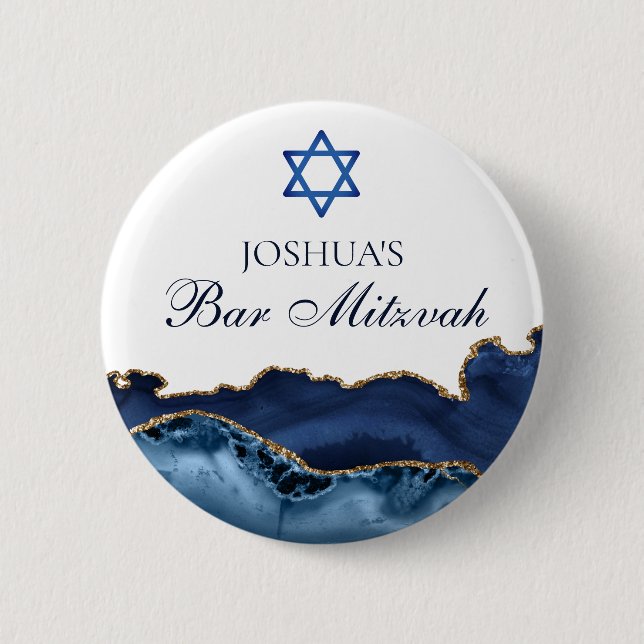 Chapa Redonda De 5 Cm Personalizado Bar Mitzvah Fiesta Navy Agate de Oro (Anverso)