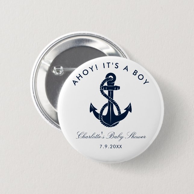Chapa Redonda De 5 Cm Personalizado de Baby Shower Nautical Anchor azul  (Anverso y reverso)