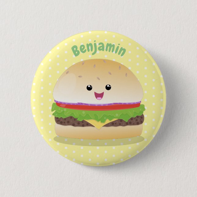 Chapa Redonda De 5 Cm Personalizado de hamburguesa kawaii feliz (Anverso)