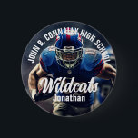 Chapa Redonda De 5 Cm Personalizado Futbolista Foto Espíritu de escuela<br><div class="desc">Este genial botón personalizado de foto de jugador de fútbol de secundaria muestra la tipografía blanca de su equipo y nombre del jugador. Personalice con el tipo de mascota en la fotografía del atleta.</div>