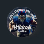 Chapa Redonda De 5 Cm Personalizado Futbolista Foto Espíritu de escuela<br><div class="desc">Este genial botón personalizado de foto de jugador de fútbol de secundaria muestra la tipografía blanca de su equipo y nombre del jugador. Personalice con el tipo de mascota en la fotografía del atleta.</div>