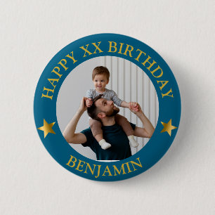 Chapa Redonda De 5 Cm Personalizado Gold Blue Happy Birday Photo and Age