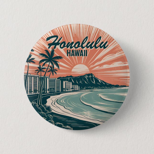 Chapa Redonda De 5 Cm Personalizado Hawaii Honolulu Waikiki Beach Retro  (Anverso)