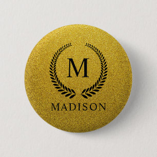 Chapa Redonda De 5 Cm Personalizado Monograma Dorado Negro y Dorado Bril