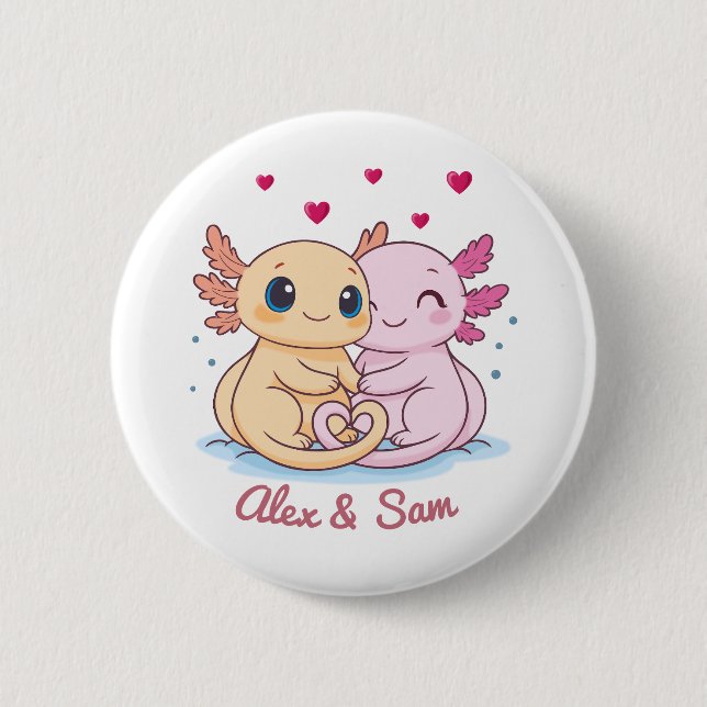 Chapa Redonda De 5 Cm Personalized Axolotl Valentine Button with Names (Anverso)