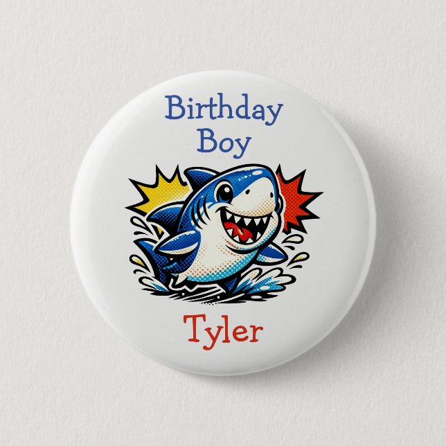 Chapa Redonda De 5 Cm Personalized Birthday Boy Pop Art Shark (Anverso)