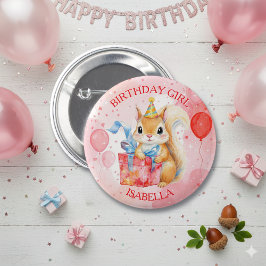 Chapa Redonda De 5 Cm Personalized Birthday Girl's Squirrel Pink and Red