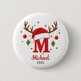 Chapa Redonda De 5 Cm Personalized Christmas Monogram M Santa Hat