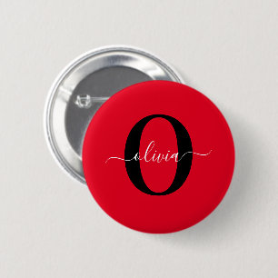 Chapa Redonda De 5 Cm Personalized Monogram Script Name Red Black White
