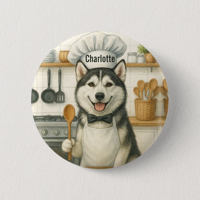 Chapa Redonda De 5 Cm Personalized Name Funny Siberian Husky Dog Chef (Anverso)