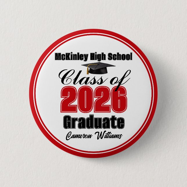 Chapa Redonda De 5 Cm Personalized Red Class of 2026 Graduation Party (Anverso)