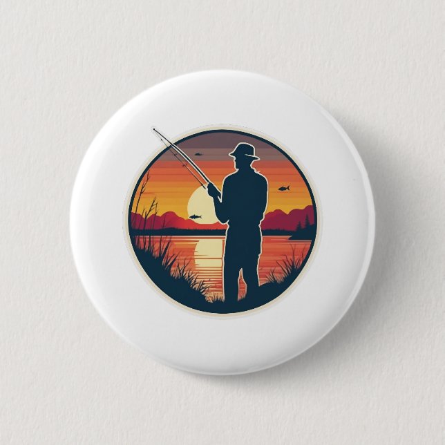 Chapa Redonda De 5 Cm Pesca Retro Pesca Pescado Mar Sunset (Anverso)