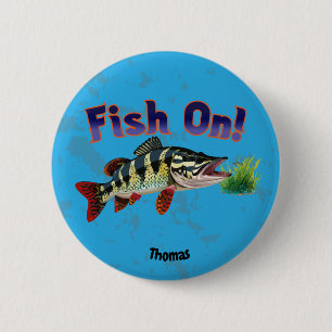 Chapa Redonda De 5 Cm "¡Pescado!" Trofeo Pie En Hábitat Natural