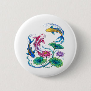 Chapa Redonda De 5 Cm Pez Koi Japonés Mandala de Loto Estilo Tradicional