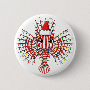 Chapa Redonda De 5 Cm Pez León Colorido con un Sombrero de Santa