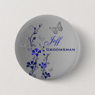 Chapa Redonda De 5 Cm Pin Blue and Silver Butfly Floral Groomsman