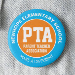 Chapa Redonda De 5 Cm Pin de asociación de profesores primarios de PTA<br><div class="desc">Este pin está diseñado para la Asociación de profesores. Su color destaca y los tipos de letra son fáciles de leer. Tanto los textos superiores como los inferiores son editables con el nombre y el lema de la escuela. H H H H Si tienes problemas para personalizar este producto o...</div>