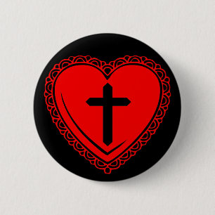 Chapa Redonda De 5 Cm Pin de Corazón Gótico + Cruz (Negro + Rojo)