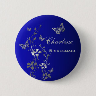 Chapa Redonda De 5 Cm Pin Floral Floral de mariposa azul y plateado