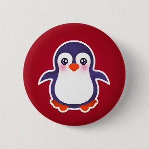 Chapa Redonda De 5 Cm Pingüino Cuto En El Ilustracion De Fondo Rojo