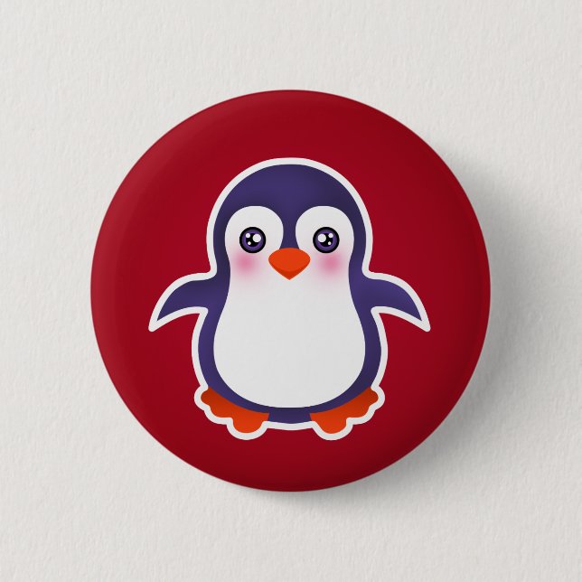 Chapa Redonda De 5 Cm Pingüino Cuto En El Ilustracion De Fondo Rojo (Anverso)