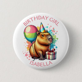 Chapa Redonda De 5 Cm  Pink Capybara Themed Birthday Girl Personalized