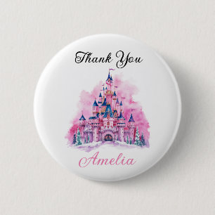 Chapa Redonda De 5 Cm Pink Castle Watercolor Primer Cumpleaños Gracias