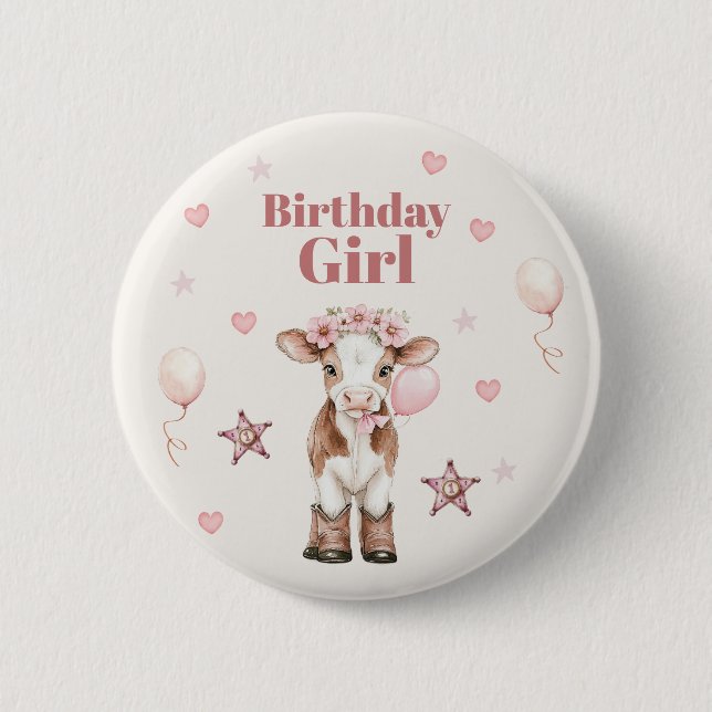 Chapa Redonda De 5 Cm Pink Cowgirl Birthday | Farm Theme 1st (Anverso)