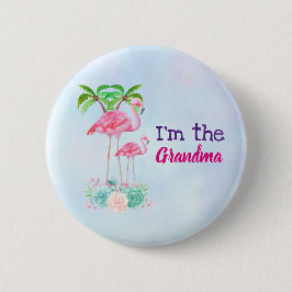 Chapa Redonda De 5 Cm Pink Flamingo Momma & Baby with Palm Trete