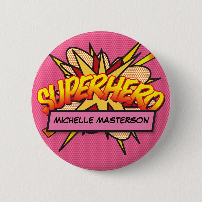 Chapa Redonda De 5 Cm Pink, libro de historietas personalizado SUPERHERO (Anverso)