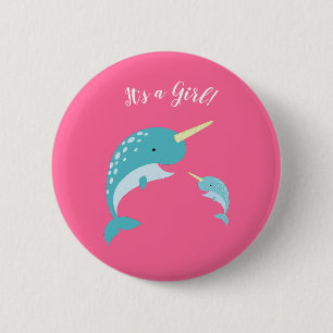 Chapa Redonda De 5 Cm Pink Narwhal Baby Shower