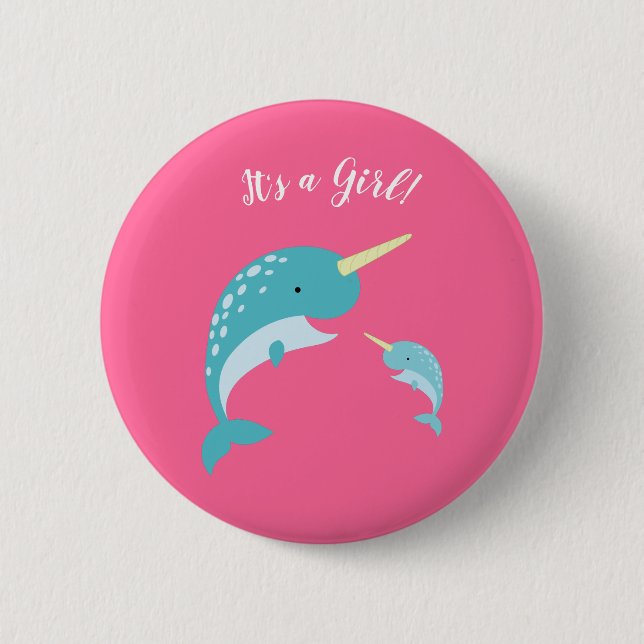 Chapa Redonda De 5 Cm Pink Narwhal Baby Shower (Anverso)