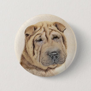 Chapa Redonda De 5 Cm Pintura de Shar Pei - Arte Perro Original Cuto