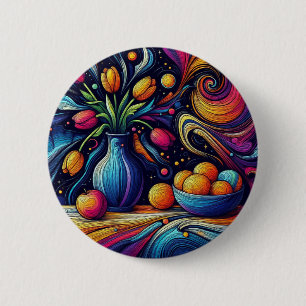 Chapa Redonda De 5 Cm Pintura de tulipanes y Naranjas en una caja