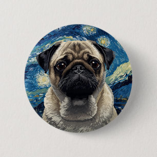 Chapa Redonda De 5 Cm Pintura del cielo nocturno arremolinado Pug beige 