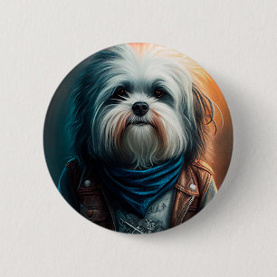 Chapa Redonda De 5 Cm Pintura digital de perro Havanés en bicicleta