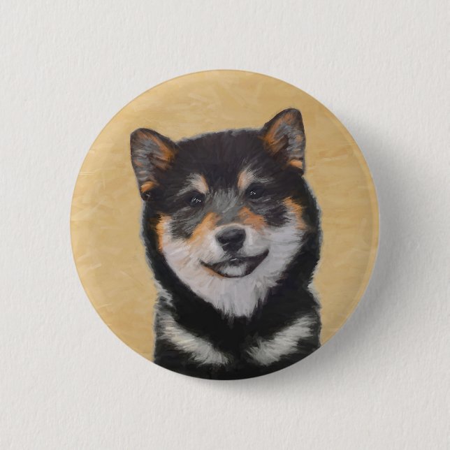 Chapa Redonda De 5 Cm Pintura Shiba Inu (Negro y Tan) - Arte de perro (Anverso)