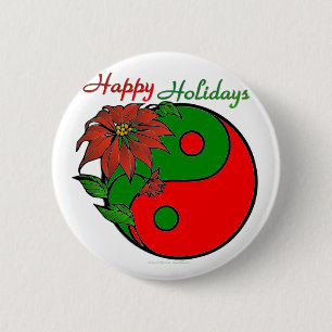 Chapa Redonda De 5 Cm Poinsettia Verde Rojo Yin Yang Navideño