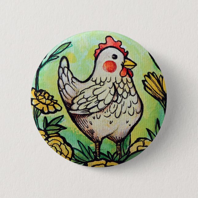 Chapa Redonda De 5 Cm Pollos de Ilustracion de flores y pollo (Anverso)