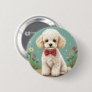 Chapa Redonda De 5 Cm Poodle blanco adorable con corbata de lazo