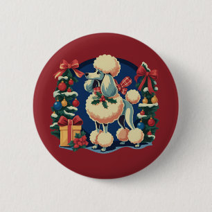 Chapa Redonda De 5 Cm Poodle Retro de Navidad Vintage Perro de las Fiest