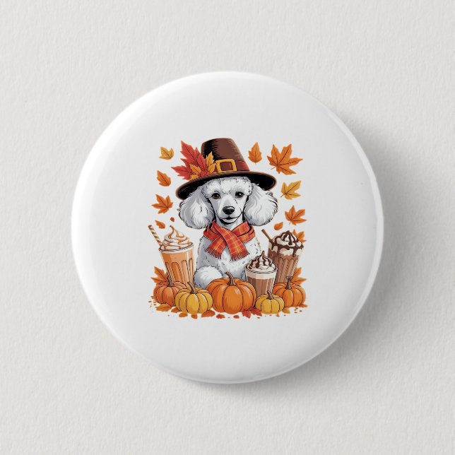 Chapa Redonda De 5 Cm Poodle Thanksgiving Drinks Coffee Fall Leaves Pump (Anverso)