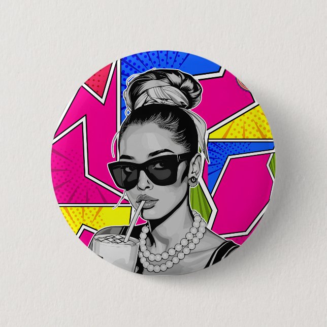 Chapa Redonda De 5 Cm Pop Art Retrô Mulher Fashion Preto e Branco  (Anverso)