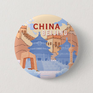 Chapa Redonda De 5 Cm Póster de viaje a Pekín, China Azul pastel y mel