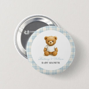 Chapa Redonda De 5 Cm Preppy Bear Designer Blue Plaid Baby Shower