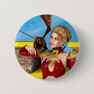Chapa Redonda De 5 Cm Princesa Dragón Fantasía Arte Digital