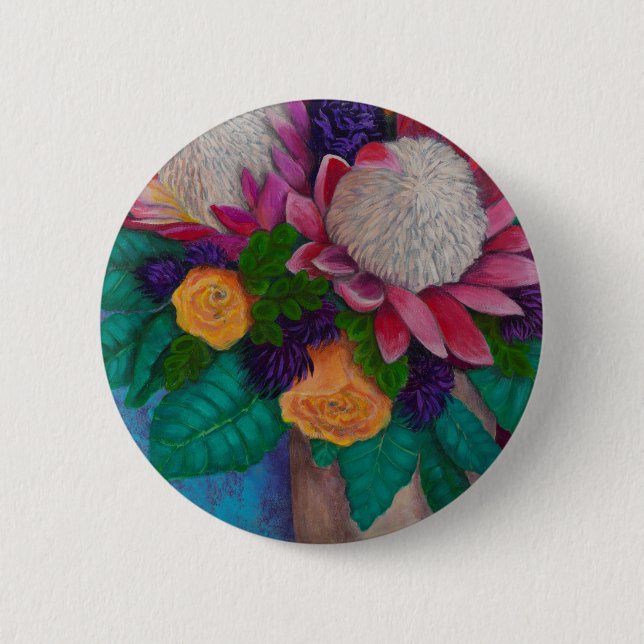 Chapa Redonda De 5 Cm Proteas gigantes y Rosas Naranjas (Anverso)