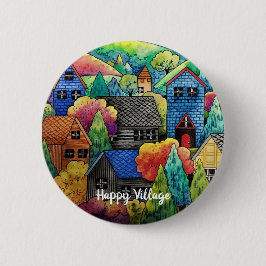 Chapa Redonda De 5 Cm Pueblo Acuarela De La Colina Con Casas Coloridas